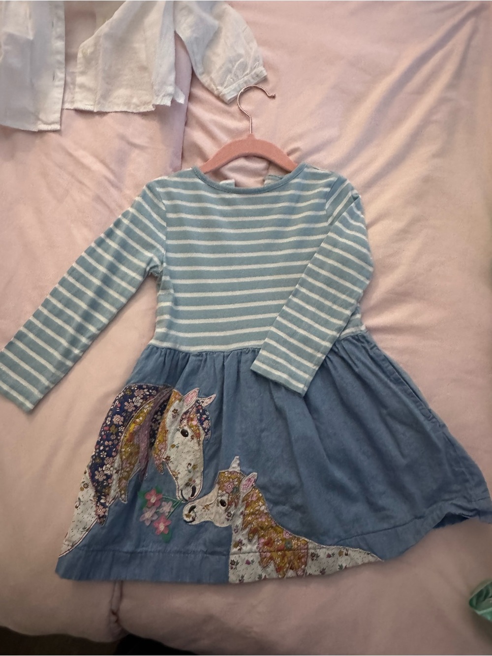 Mini Boden Light Blue & White Striped Unicorn Dress